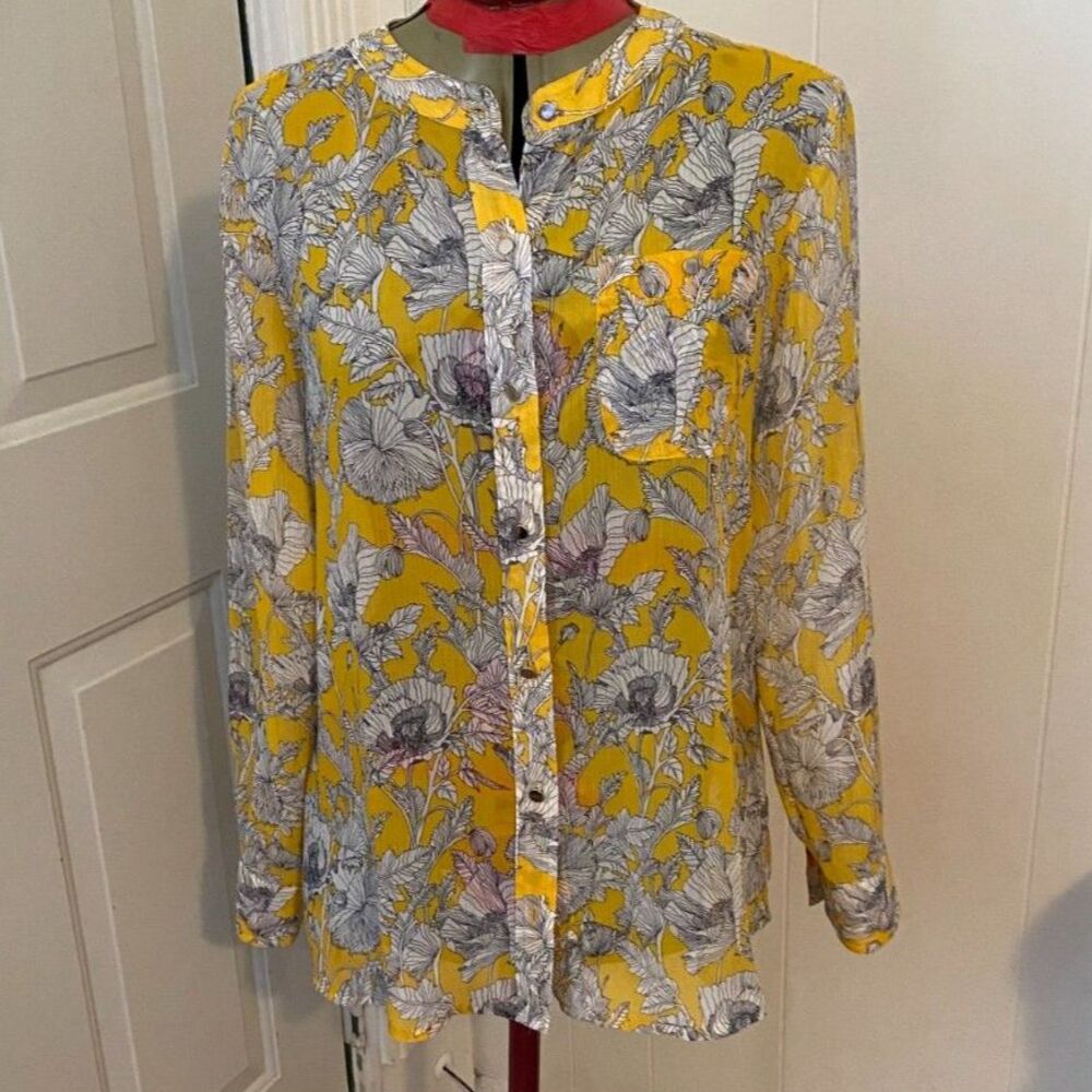 Liz Claiborne Petite Boho Floral Button Down Sheer Tunic Shirt Size PL